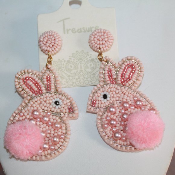 Pink Seed Beads & Pink Pearls Easter Bunny Earrings - Picture 1 of 3